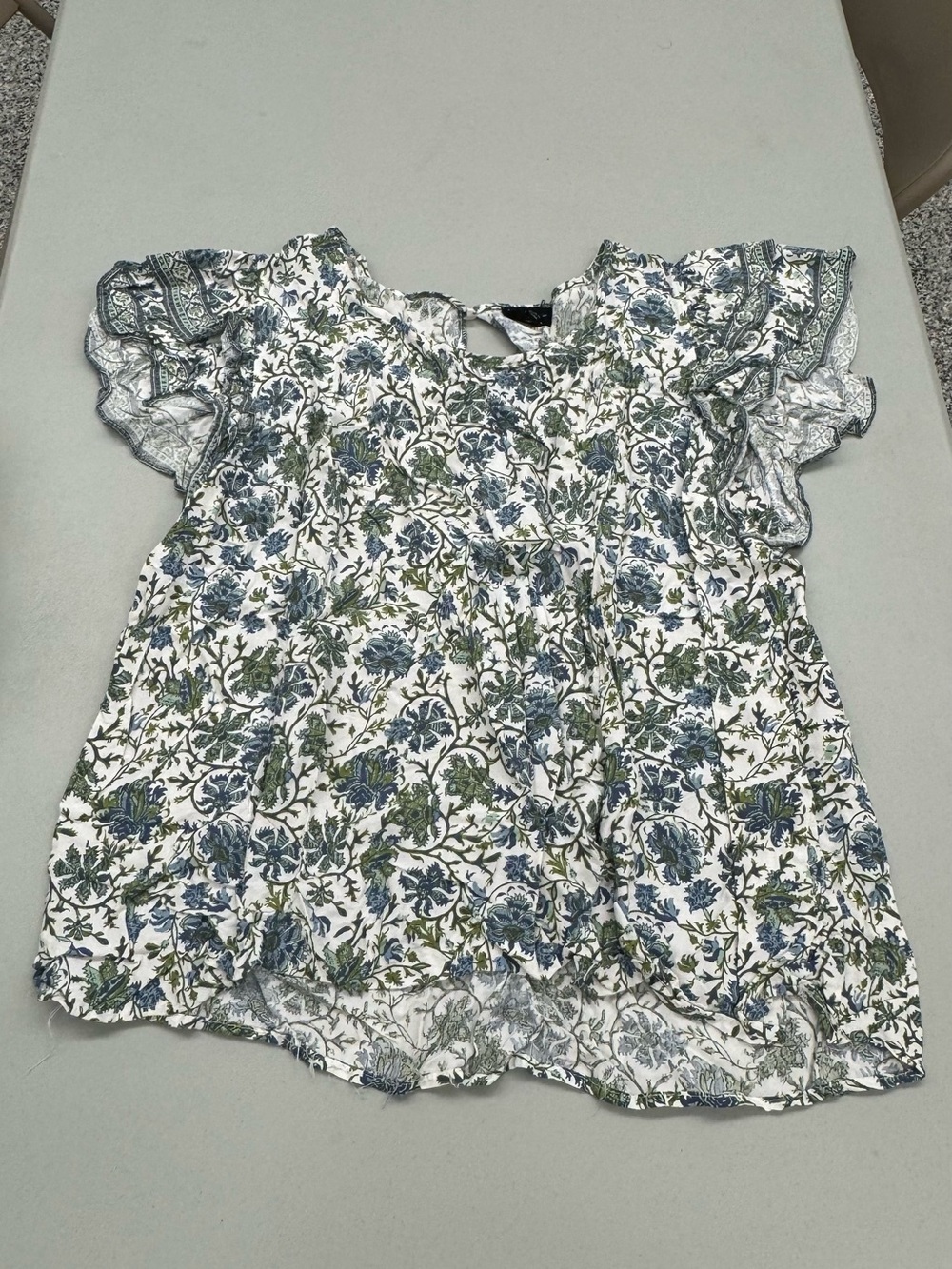 Nicole Miller White Floral Ruffle Sleeve Blouse - Blue & Green Print
